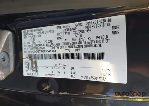 2016 Ford Escape Se from USA, damaged, VIN 1FMCU0G71GUC41164